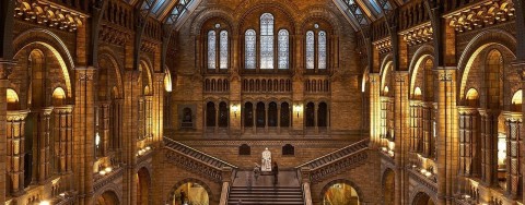 The photo shows the interior of an old building with impressive architecture. The walls are made of stone and are bathed in golden light from lamps. In the middle is a wide staircase with a statue made of white stone. In front of it, two people stand on the stairs. The photo was taken from a bird's eye view.