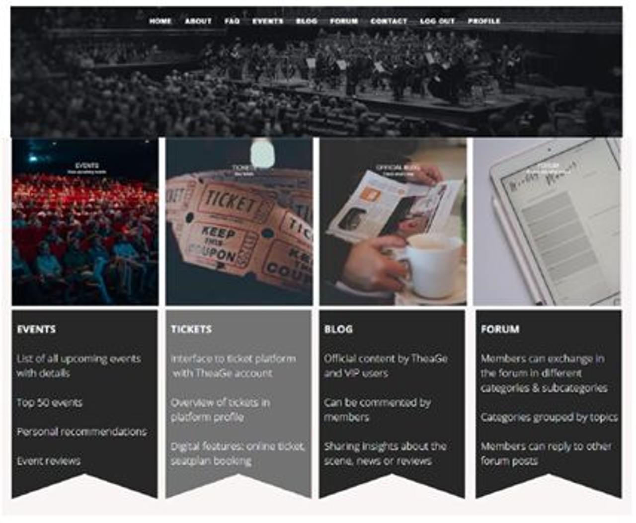 The picture shows the prototype of a website or member platform designed by a team of students for the Theater Gesellschaft München ( Theatre Society Munich). At the top of the website you can see the names of various sub-pages, e.g. FAQ, Events, Blog, Forum,... Below is a picture of a large orchestra in an opera or theatre building. The orchestra is playing in front of a full audience. Below that, there are four columns showing what can be found on the various sub-pages. They are named 