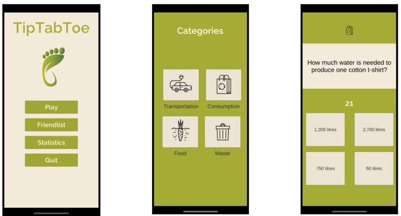 Drei Smartphones nebeneinander mit Beispielen der App TipTabToe
