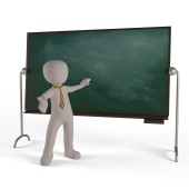 Auf dem Bild ist eine weiße Figur zu sehen, die wie ein Lehrer an einer Tafel steht. Sie trägt eine Krawatte.