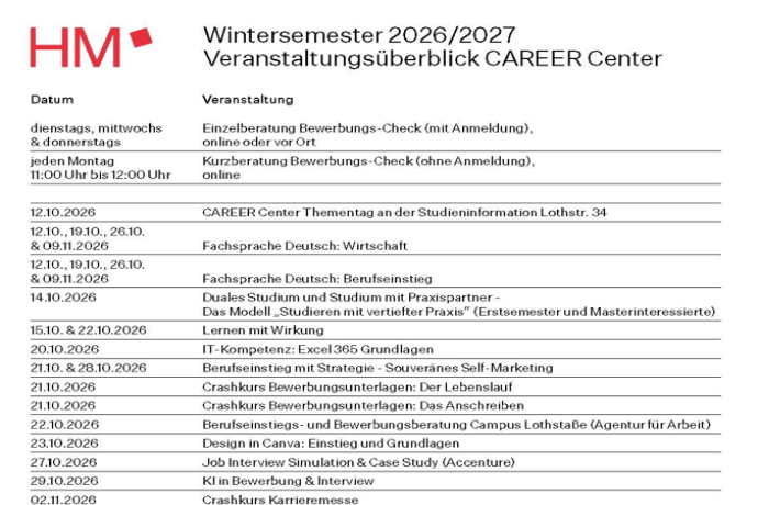 Ausschnitt CAREER Center Programm Wintersemester 2026/2027