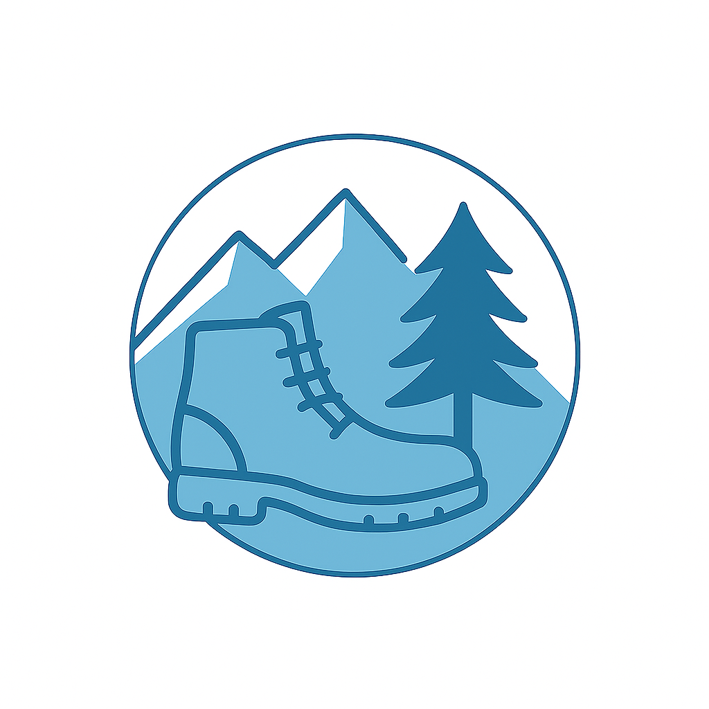 Logo mit Wanderstiefel vor Berg- und Baumsilhouette