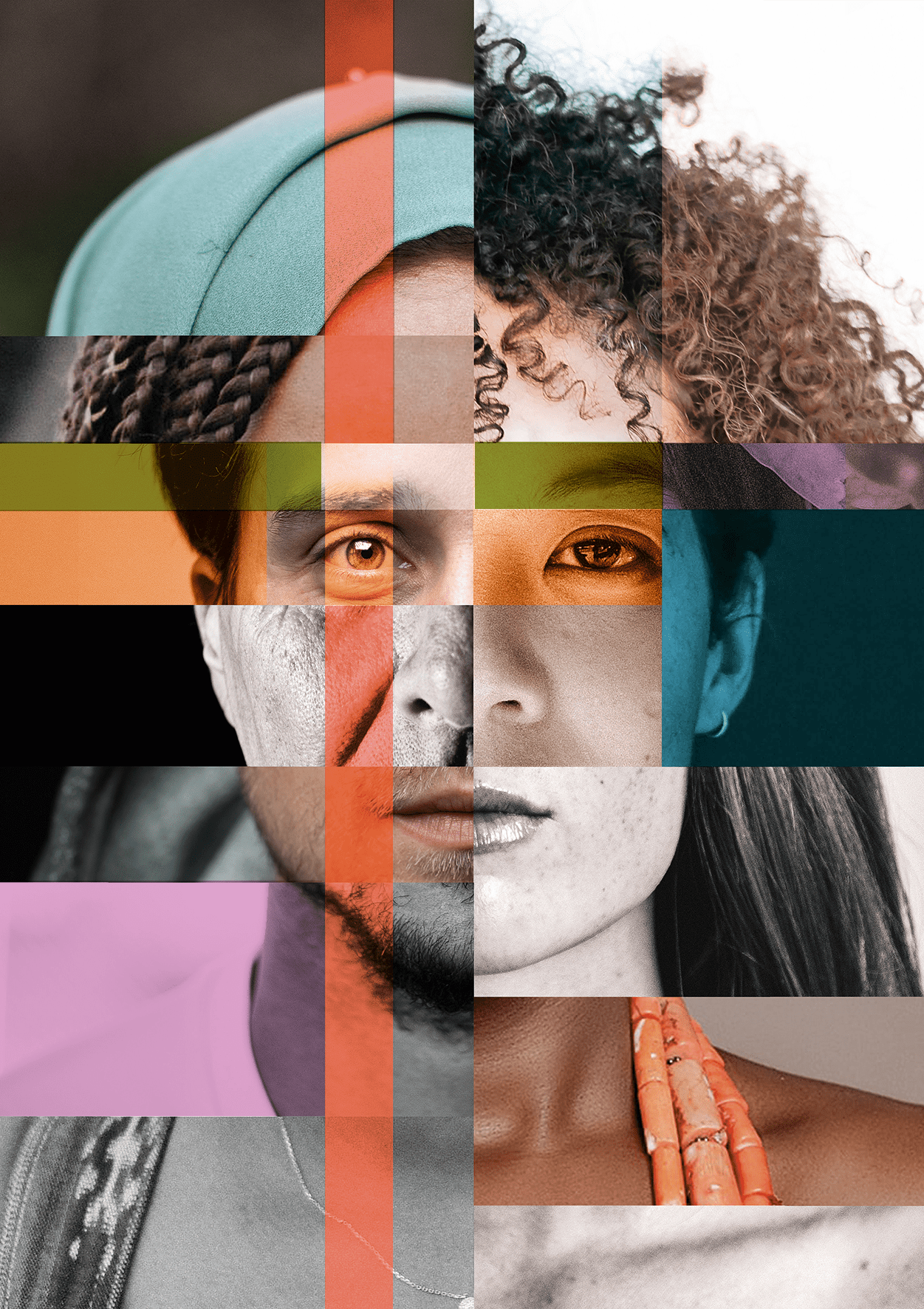 Collage Gesichter Junger Menschen (Nicole Pötter) Die Collage von Gesichtern junger Menschen versinnbildlicht die Heterogintät der individuellen Lebensgeschichten von Menschen mit Einwanderungsgeschichte.