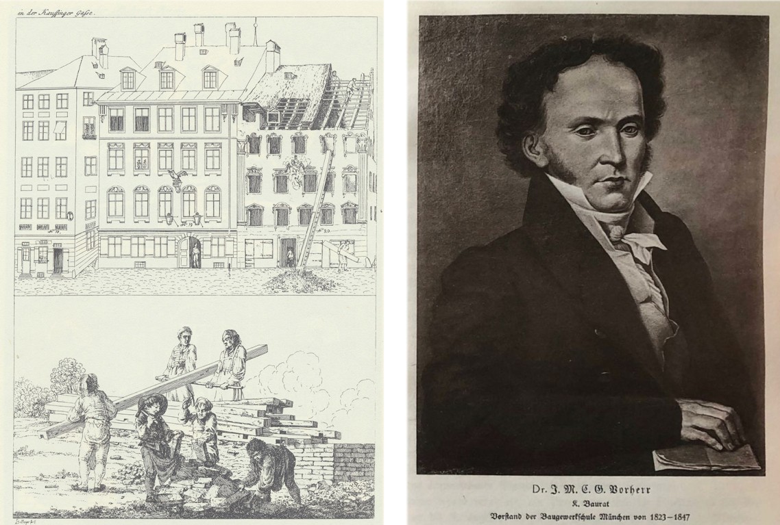 Bild Gustav Vorherr und Illustration Bauhandwerker um 1800 
