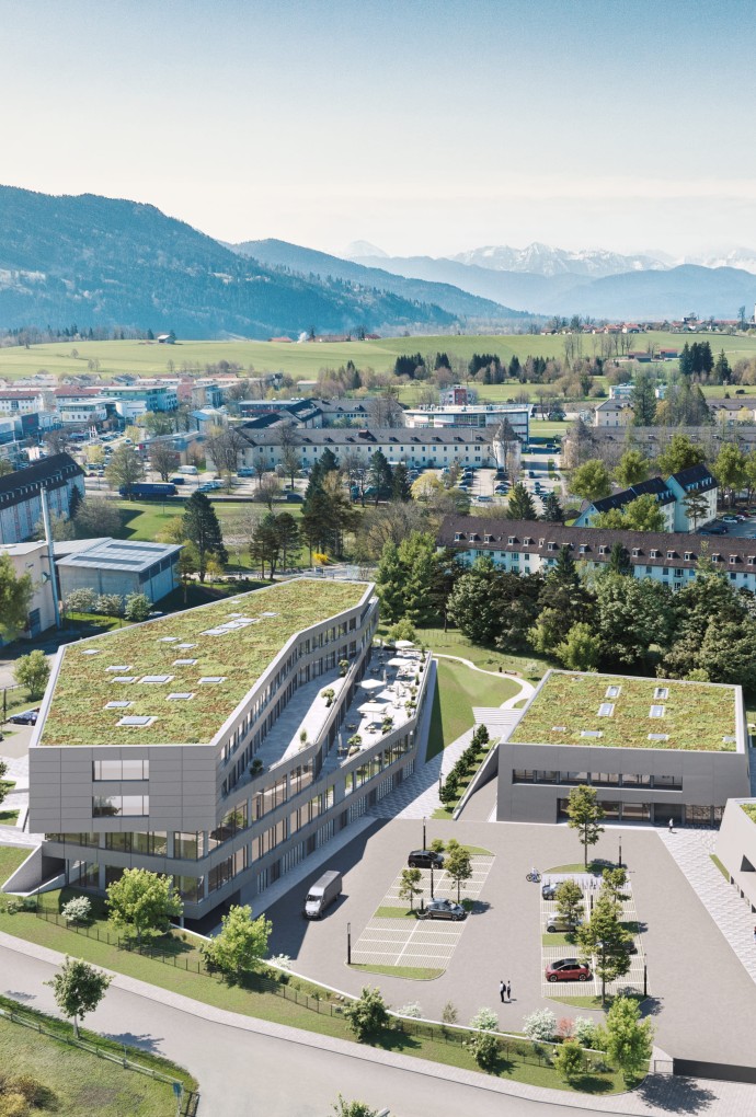 Das Rendering zeigt die Planung für den Campus Tölz. Ein Teil davon ist das TIZIO, in dem die HM mit Partnern aus der Region in Innovationsfeldern forscht 