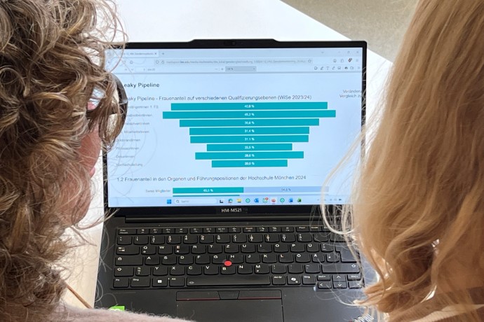 Gendermonitoring - zwei Frauen blicken auf einen Monitor mit Graphikauswertung