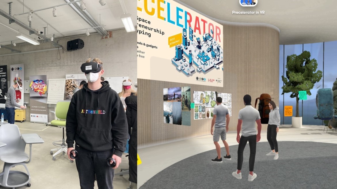Student mit VR Brille und Screenshot von 3D Raum