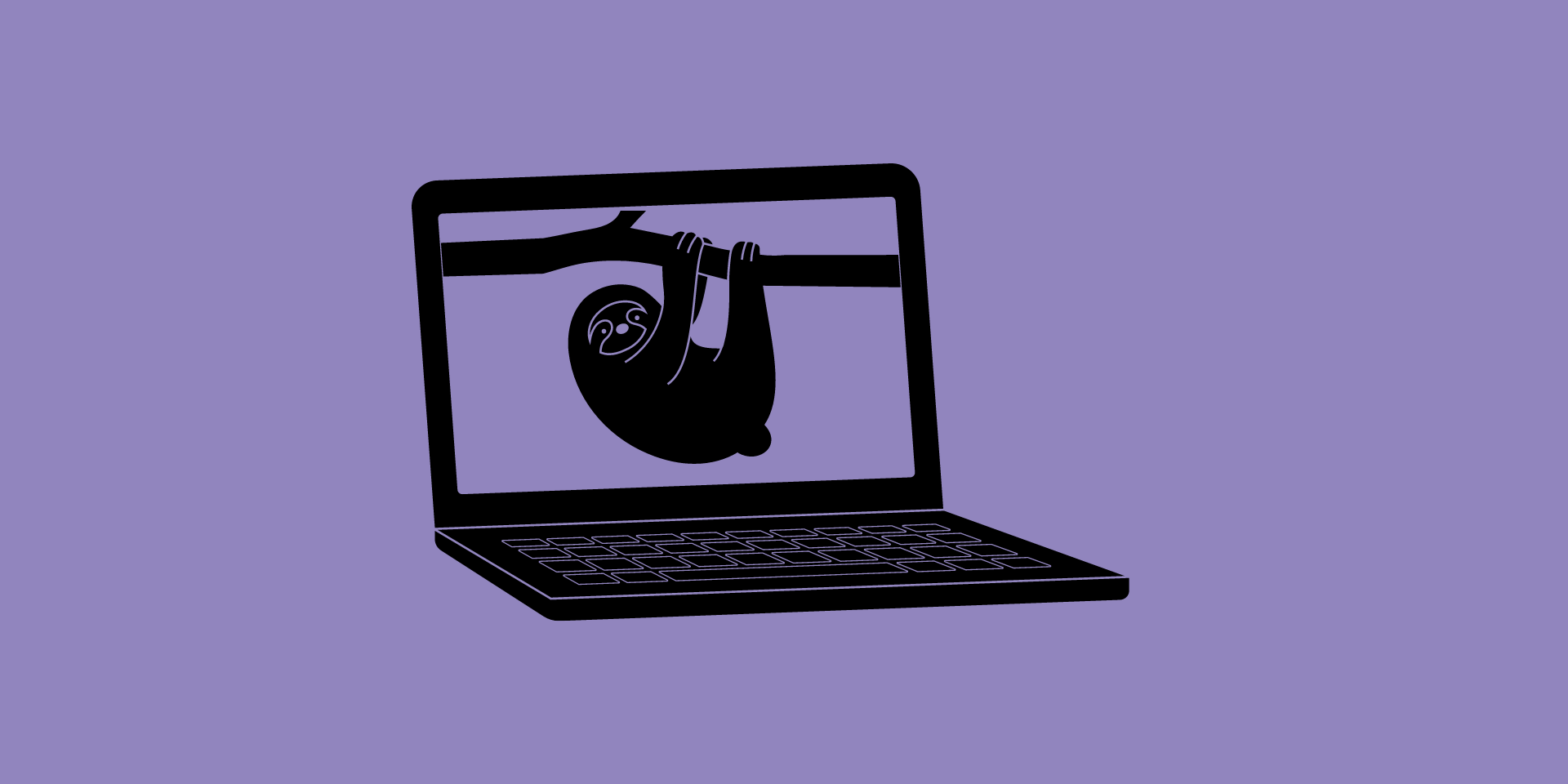 Macht KI uns faul? Ein Faultier hängt an einem Ast auf einem Laptopbildschirm. 