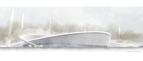 Das geschwungene Design von Rebekka Gebauer und Stephanie Unterrainer fügt sich harmonisch in das hügelige Olympiaparkgelände ein