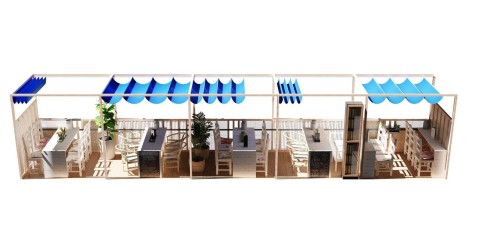 Eine digitale Visualisierung des Schanigarten Supreme: Das Team von Giulia Jobst entwirft eine Freischankfläche, deren Materialien lokal und nachhaltig sind (Bild: Giulia Jobst)