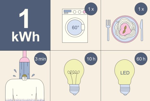 Energieverbrauch: Was kann man mit 1 kWh alles anstellen? Sie ist eine typische Energiemenge in unserem Haushalt. (Illustration: Charlotte Kelschenbach)
