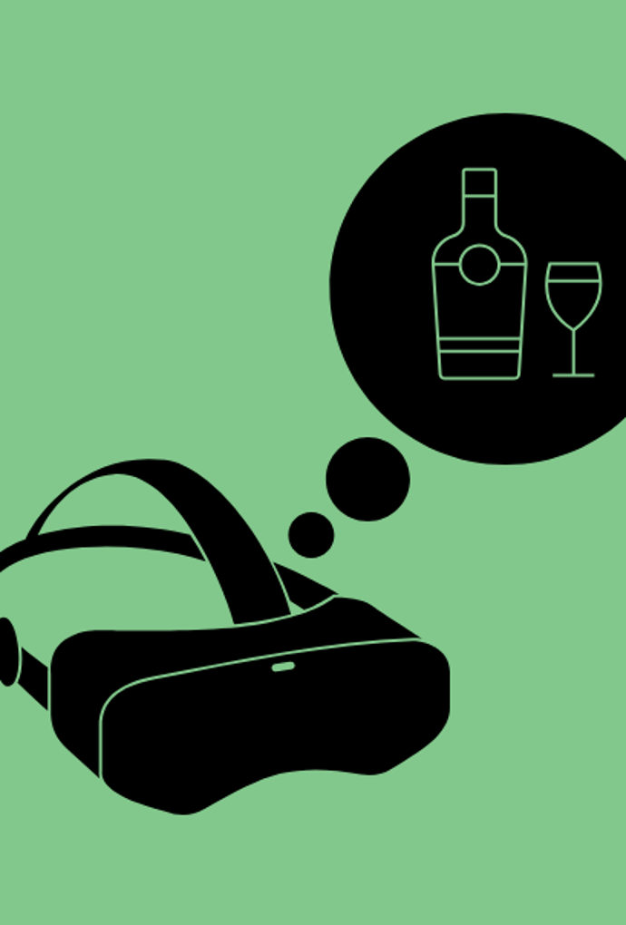 Grafik VR-Brille mit Alkohol in Gedankenblase