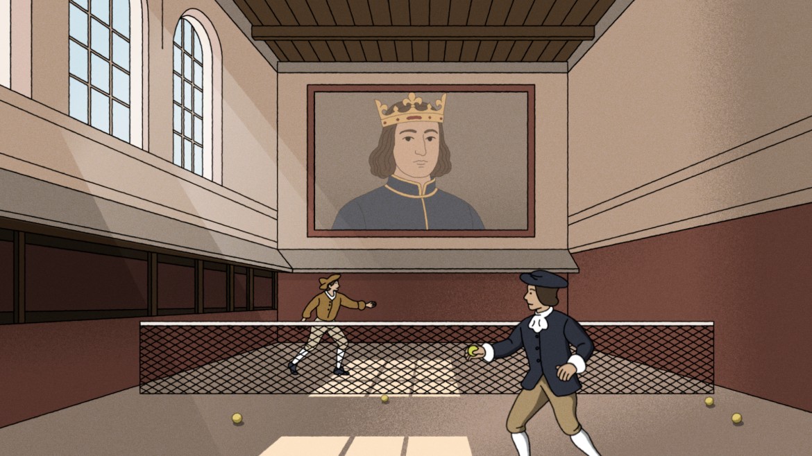 Zwei gezeichnete Figuren spielen Tennis, an der Wand hängt ein Bild von einem König (Bild: Gilles Bluhm) Zwei gezeichnete Figuren spielen Tennis, an der Wand hängt ein Bild von einem König