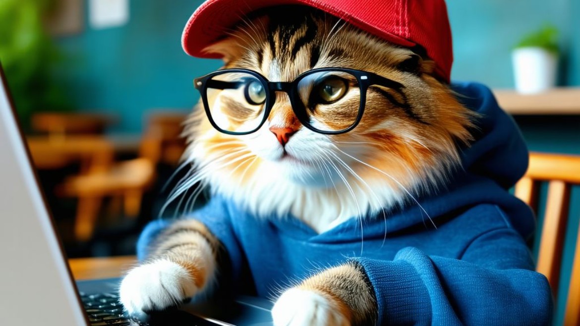 Ein KI-generiertes Bild zeigt eine Katze, die einen Laptop bedient (Bild: HM) Ein KI-generiertes Bild zeigt eine Katze, die einen Laptop bedient