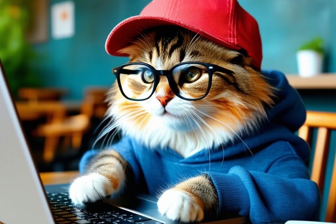 Ein KI-generiertes Bild zeigt eine Katze, die einen Laptop bedient (Bild: HM) Ein KI-generiertes Bild zeigt eine Katze, die einen Laptop bedient