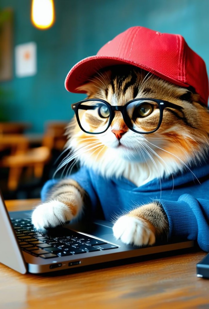 Ein KI-generiertes Bild zeigt eine Katze, die einen Laptop bedient