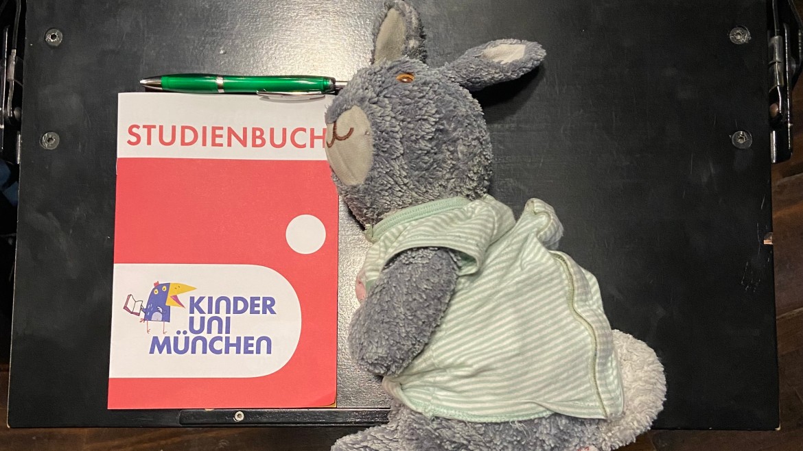 Kuscheltier und Studienbuch auf Hörsaaltisch