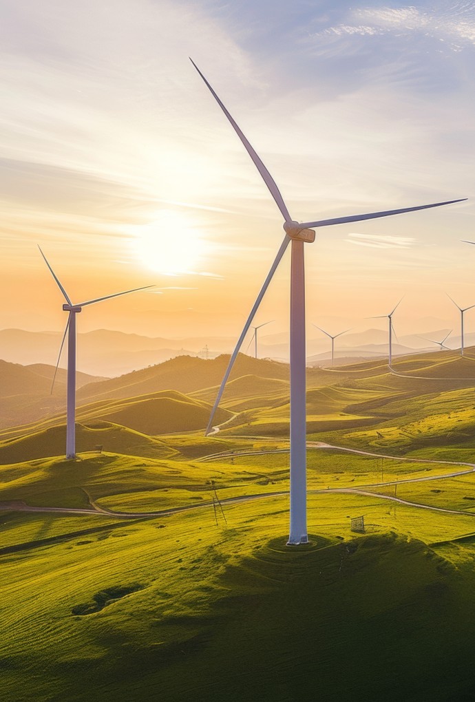 Windräder in schöner Landschaft bei warmem Licht und tiefstehender Sonne