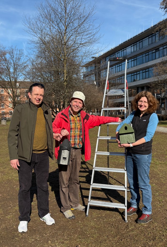 Unterschiedliche Varianten von Nistkästen werden im Innenhof der Hochschule München platziert.