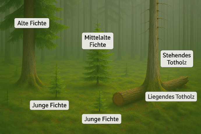 KI-generiertes Bild der beispielhaften Annotation eines europäischen Nadelwalds (Abbildung: : Sarah Hauser und ChatGPT) Beispielbild