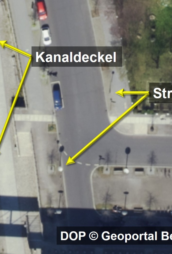 Kanaldeckel- und Straßenlaternen im Digitalen Orthophoto des Geoportals Berlinc