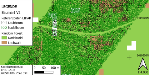Abbildung 2: Optische Überprüfung des Attributes Baumart Variante 2 (zwei Klassen); im Hintergrund ist die Random Forest-Klassifikation der 15. Aufnahme abgebildet, die die besten Validierungsergebnisse hervorbringt, darüber eingeblendet sind die LIDAR-Referenzdaten, die einen optischen Vergleich in diesem Kartenausschnitt herstellen sollen. Die weißen Felder werden durch die GIM ausgeschlossen.