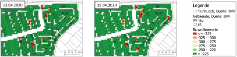 Abbildung 2: Ausschnitt aus der Schwellenwert-Klassifikation der Sentinel-1 k0 Zeitreihe modelliert mit dem Haar-Wavelet, welches 10 Aufnahmen umfasst. Die klassifizierten Ausschläge stellen hierbei den Neubau eines Wohnhauses dar.