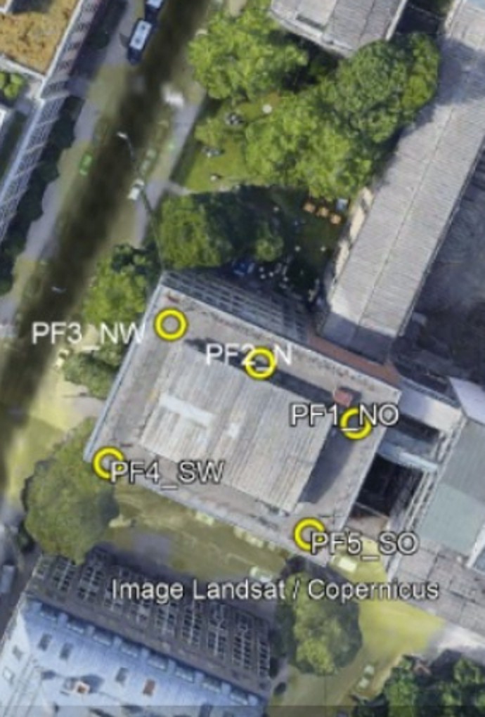 Testpunkte Hochschuldach (Abbildung: Tobias Aschenbrenner, Bilddaten Google Earth) Luftbild mit Beschriftung, Foto Messpunkt