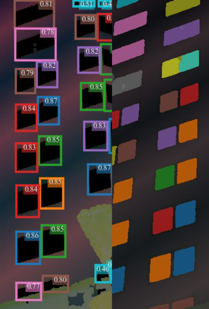 Abbildung 3: Segmentierung von Fahrzeugen in der Bilddomäne, links die erkannten Objekte im Bild, rechts die daraus abgeleiteten pixelgenauen Masken.