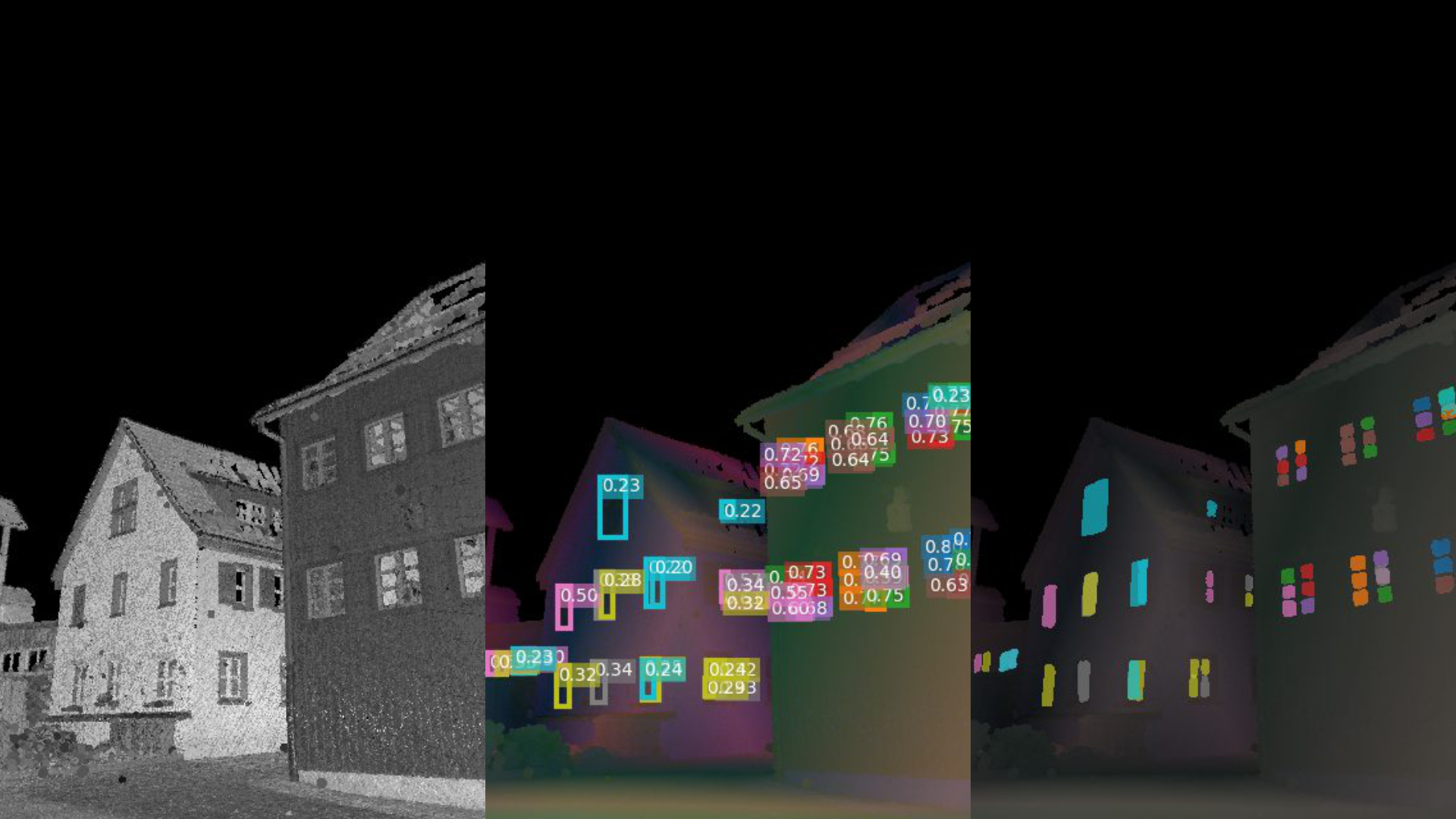 Abbildung 3: Segmentierung von Fahrzeugen in der Bilddomäne, links die erkannten Objekte im Bild, rechts die daraus abgeleiteten pixelgenauen Masken.