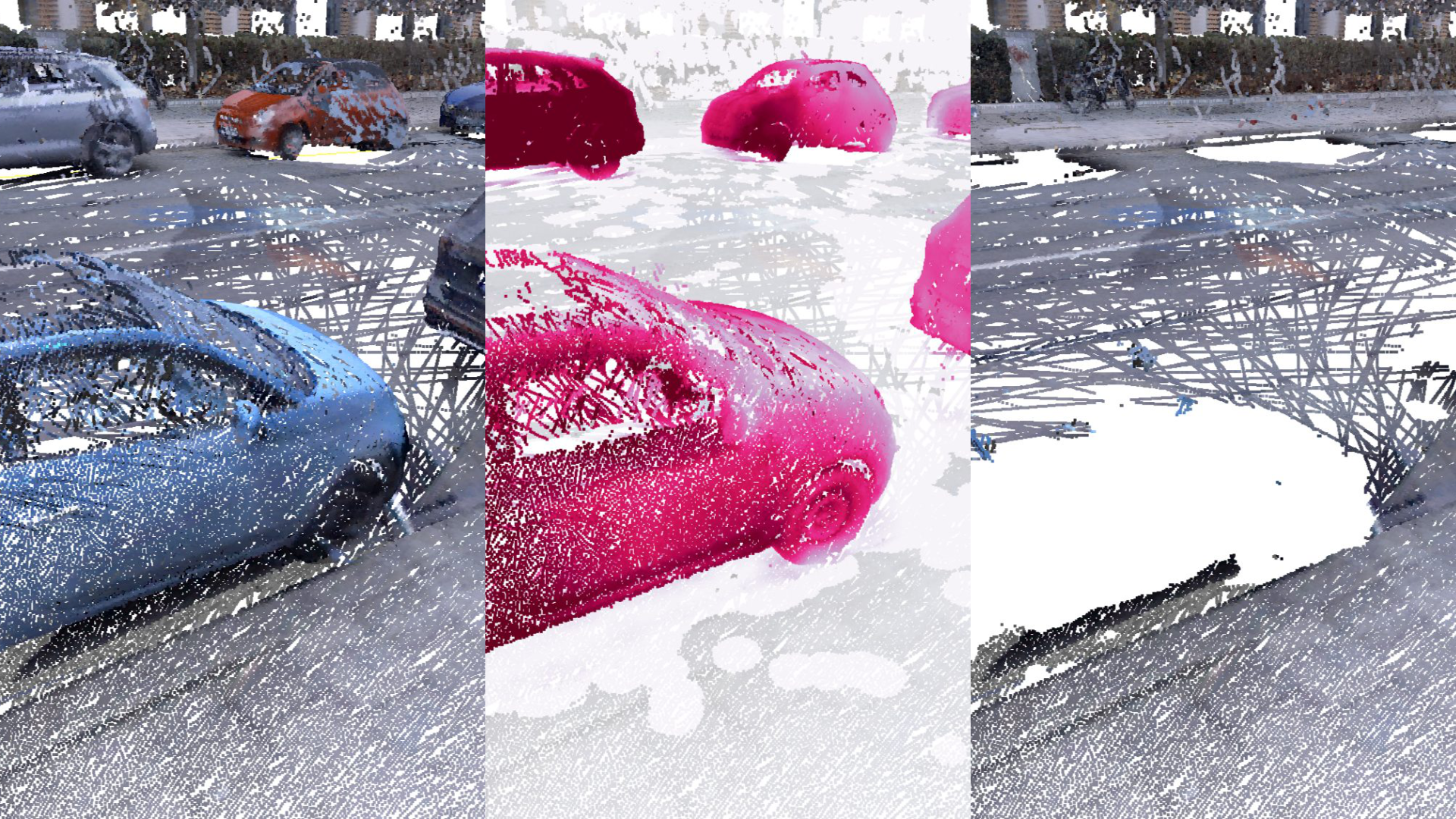 Abbildung 3: Segmentierung von Fahrzeugen in der Bilddomäne, links die erkannten Objekte im Bild, rechts die daraus abgeleiteten pixelgenauen Masken.