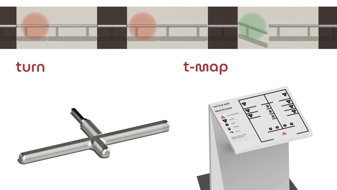 Bild Zeigt Tuma, es ist eine Kombination aus zwei Produkten, die blinden Menschen helfen, sich in öffentlichen Toiletten zurechtzufinden: Turn und T-map