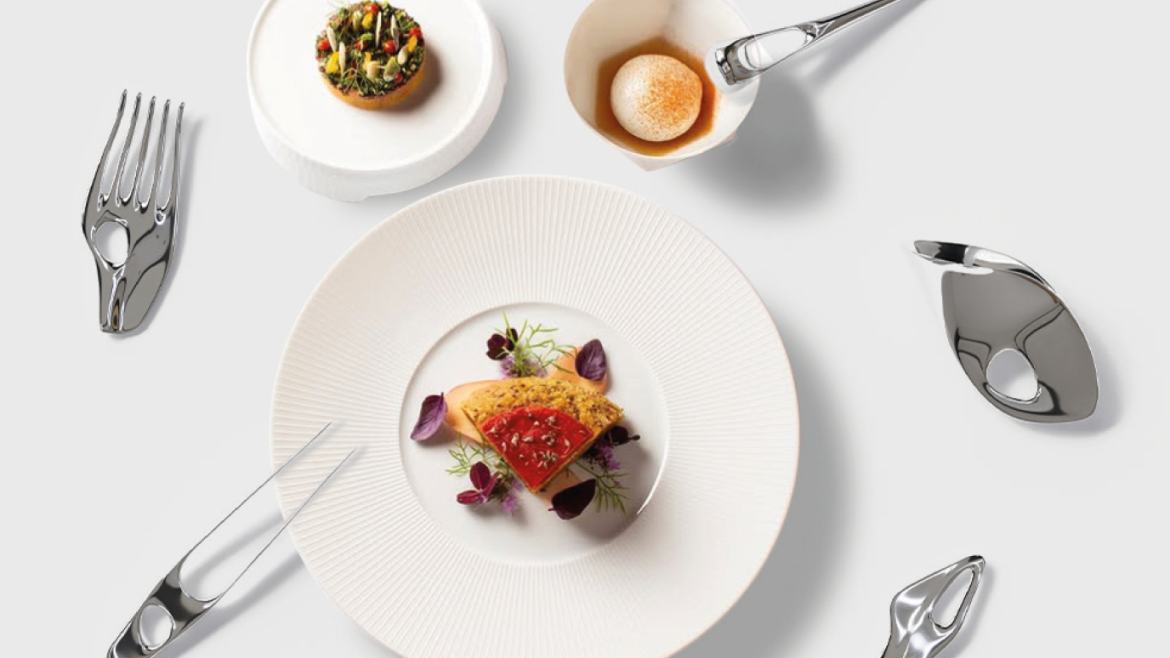 Bild zeigt neuartiges Gourmetbesteck entwickelt für den Restaurant Tantris in Kollaboration mit der Fakultät für Design
