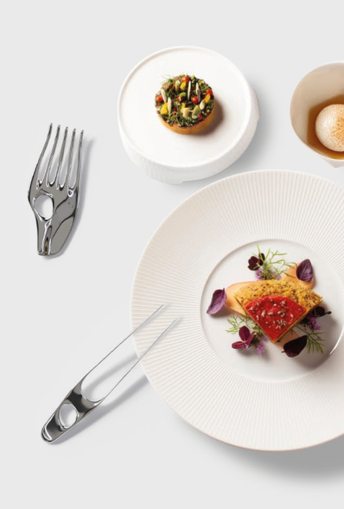 Bild zeigt neuartiges Gourmetbesteck entwickelt für den Restaurant Tantris in Kollaboration mit der Fakultät für Design