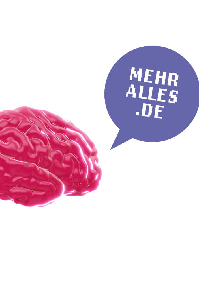 Bild zeigt ein illustriertes Gehirn mit einer Sprechblase, auf der „mehralles.de“ steht. 