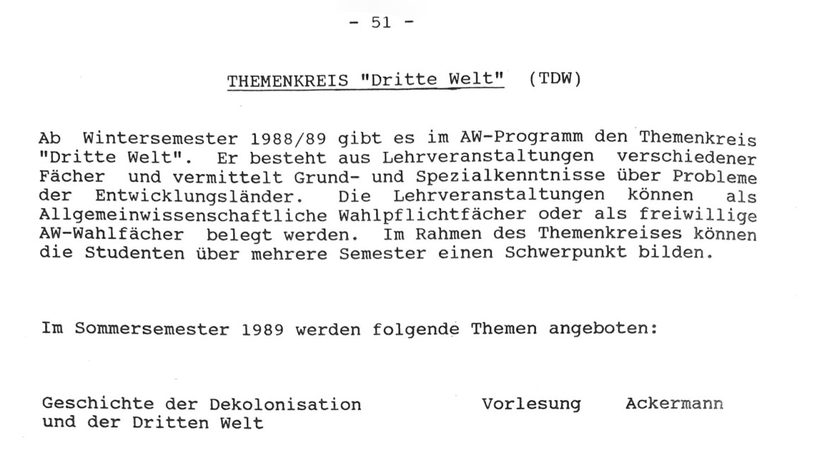 Kommentiertes Vorlesungsverzeichnis mit dem Themenkreis „Dritte Welt“ (1988/89)