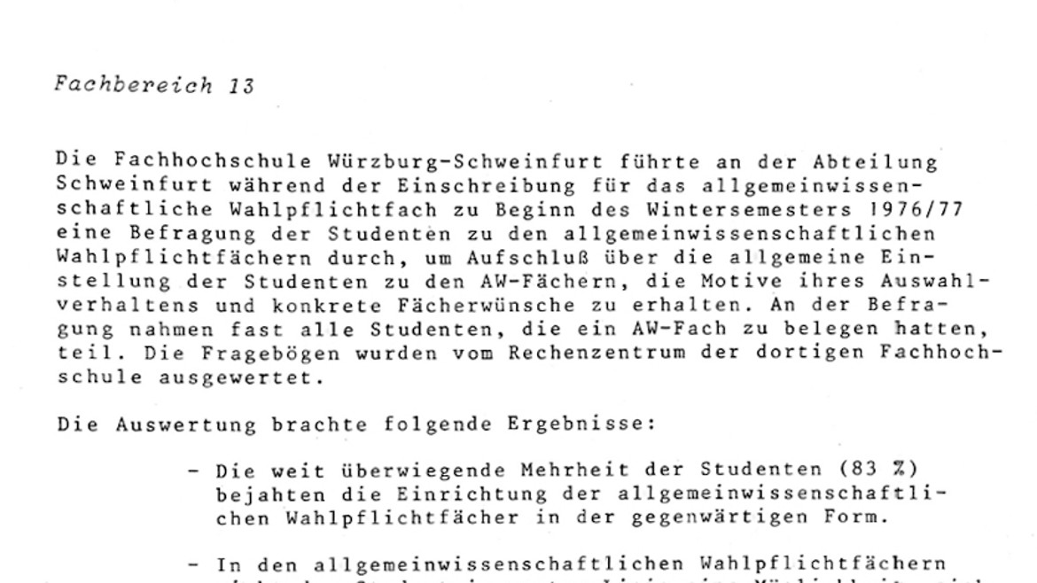 Umfrage zu AW-Fächern an der Hochschule Würzburg-Schweinfurt (1977)
