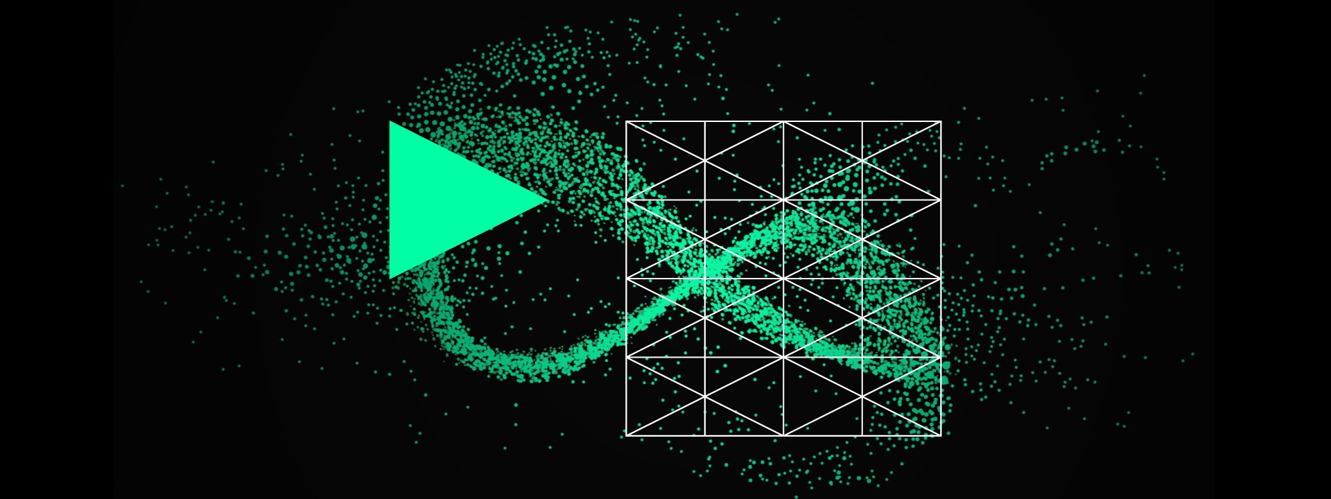 Eine zentrierte, abstrakte Grafik auf tiefschwarzem Hintergrund zeigt eine liegende Unendlichkeitsschleife aus einer dichten Wolke leuchtend grüner Partikelpunkte; auf der linken Schleifenhälfte ist ein markantes, neongrünes Dreieck platziert, das wie ein Wiedergabesymbol nach rechts weist, während die rechte Schleifenhälfte von einem quadratischen Raster aus feinen, weißen Linien und Dreiecksstrukturen überlagert wird.
