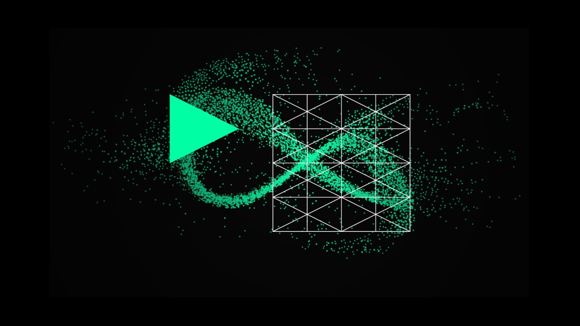 Eine zentrierte, abstrakte Grafik auf tiefschwarzem Hintergrund zeigt eine liegende Unendlichkeitsschleife aus einer dichten Wolke leuchtend grüner Partikelpunkte; auf der linken Schleifenhälfte ist ein markantes, neongrünes Dreieck platziert, das wie ein Wiedergabesymbol nach rechts weist, während die rechte Schleifenhälfte von einem quadratischen Raster aus feinen, weißen Linien und Dreiecksstrukturen überlagert wird.