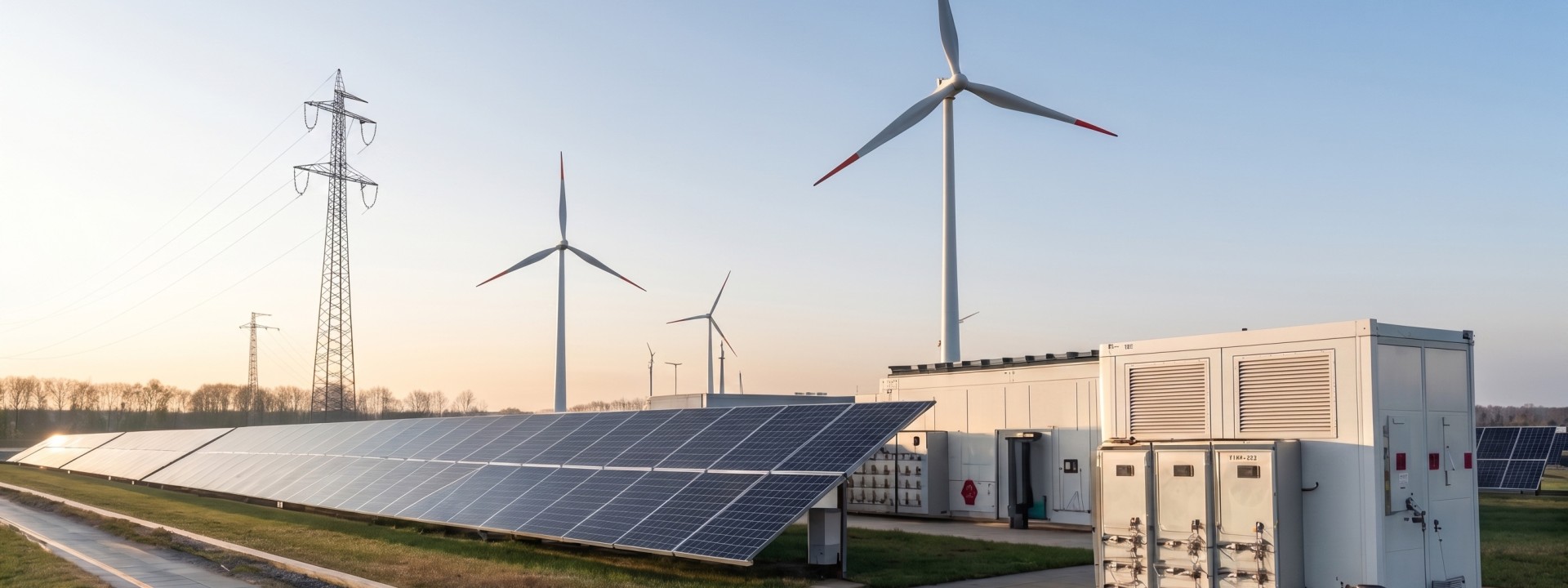 Eine moderne Anlage für erneuerbare Energien zeigt im linken Vordergrund weiße Systemcontainer und technische Wechselrichtereinheiten auf einer gepflasterten Freifläche; parallel dazu erstreckt sich eine lange Reihe von bodenmontierten Photovoltaik-Modulen diagonal nach rechts hinten; im Hintergrund vervollständigen mehrere große Windkraftanlagen mit rot markierten Rotorblattspitzen sowie ein hoher Hochspannungsmast vor einem klaren, hellen Himmel das Bild einer gekoppelten Energieerzeugung.
