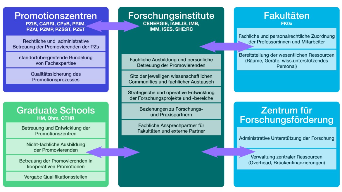 Eine wissenschaftliche Infografik veranschaulicht die institutionelle Struktur und das Zusammenspiel der Forschungsbereiche an einer Hochschule anhand von fünf farblich differenzierten Kernblöcken; im Zentrum erstreckt sich eine vertikale, dunkelgrüne Säule zu den „Forschungsinstituten“ (u.a. ISES, CENERGIE, IAMLIS), die über lila Doppelpfeile mit den umliegenden Einheiten vernetzt ist; links oben befinden sich blau dargestellt die „Promotionszentren“ und links unten in Grün die „Graduate Schools“ zur rechtlichen und fachlichen Betreuung von Promovierenden; auf der rechten Seite spaltet sich die Struktur in zwei hellblaue Blöcke auf, die oben die „Fakultäten“ zur personellen Zuordnung und Ressourcenbereitstellung sowie unten das „Zentrum für Forschungsförderung“ zur administrativen Unterstützung abbilden.