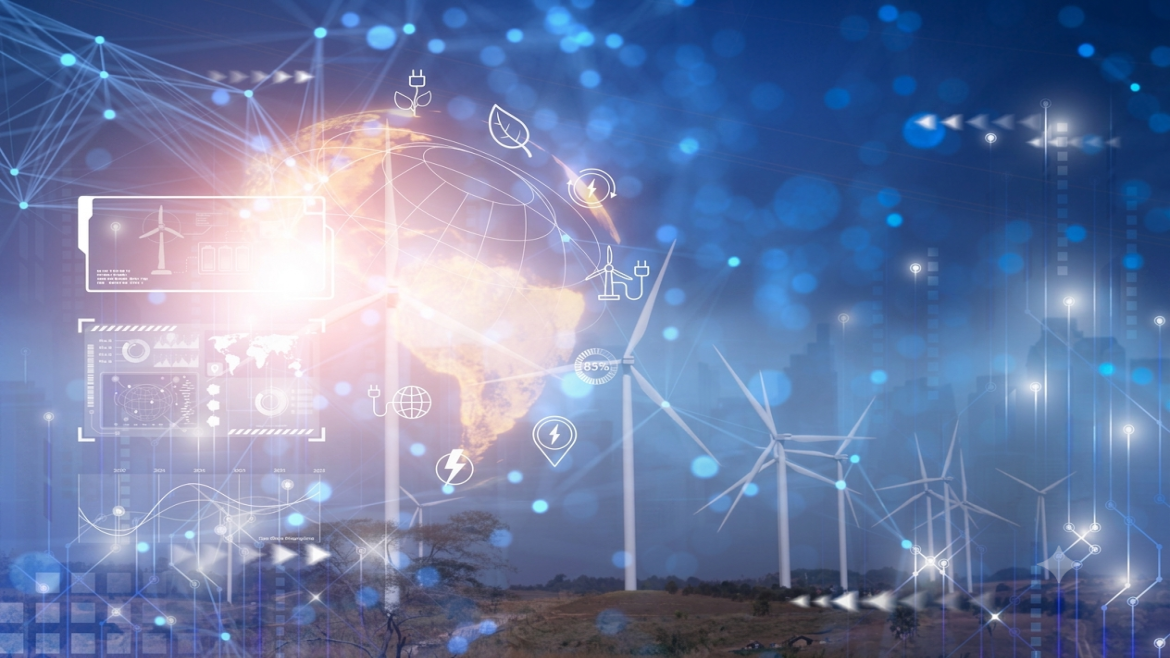 Futuristic digital network manage power wind turbine power control farm,Trade in renewable energy in the global market.concept technology alternative clean energy,business and industry electricity