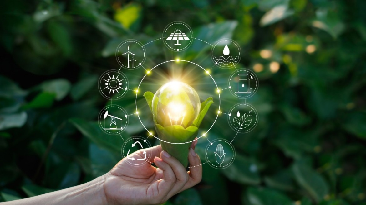 Ökologie-Konzept. Hand halten Glühbirne gegen die Natur auf grünem Blatt mit Ikonen Energiequellen für erneuerbare, nachhaltige Entwicklung, Energie sparen.