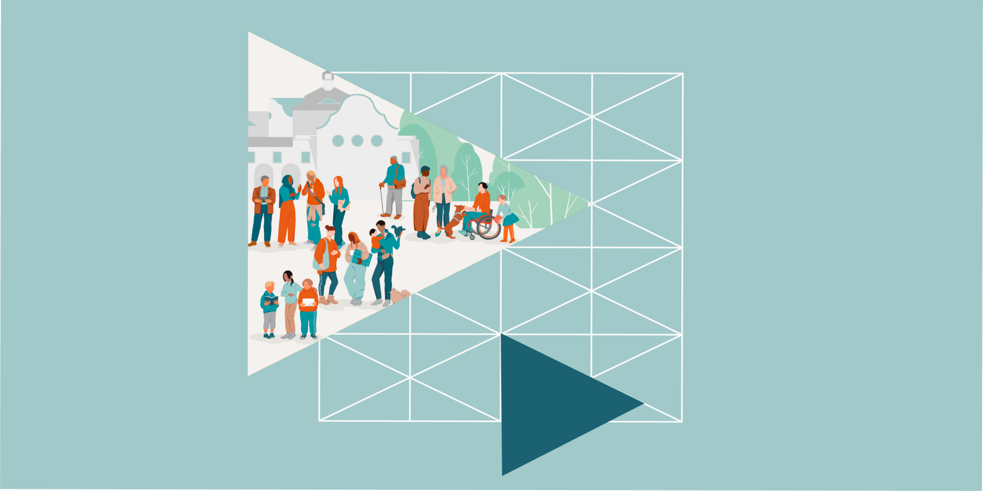 Illustration mit Menschen in Dreiecksausschnitt und grafischer Hintergrund